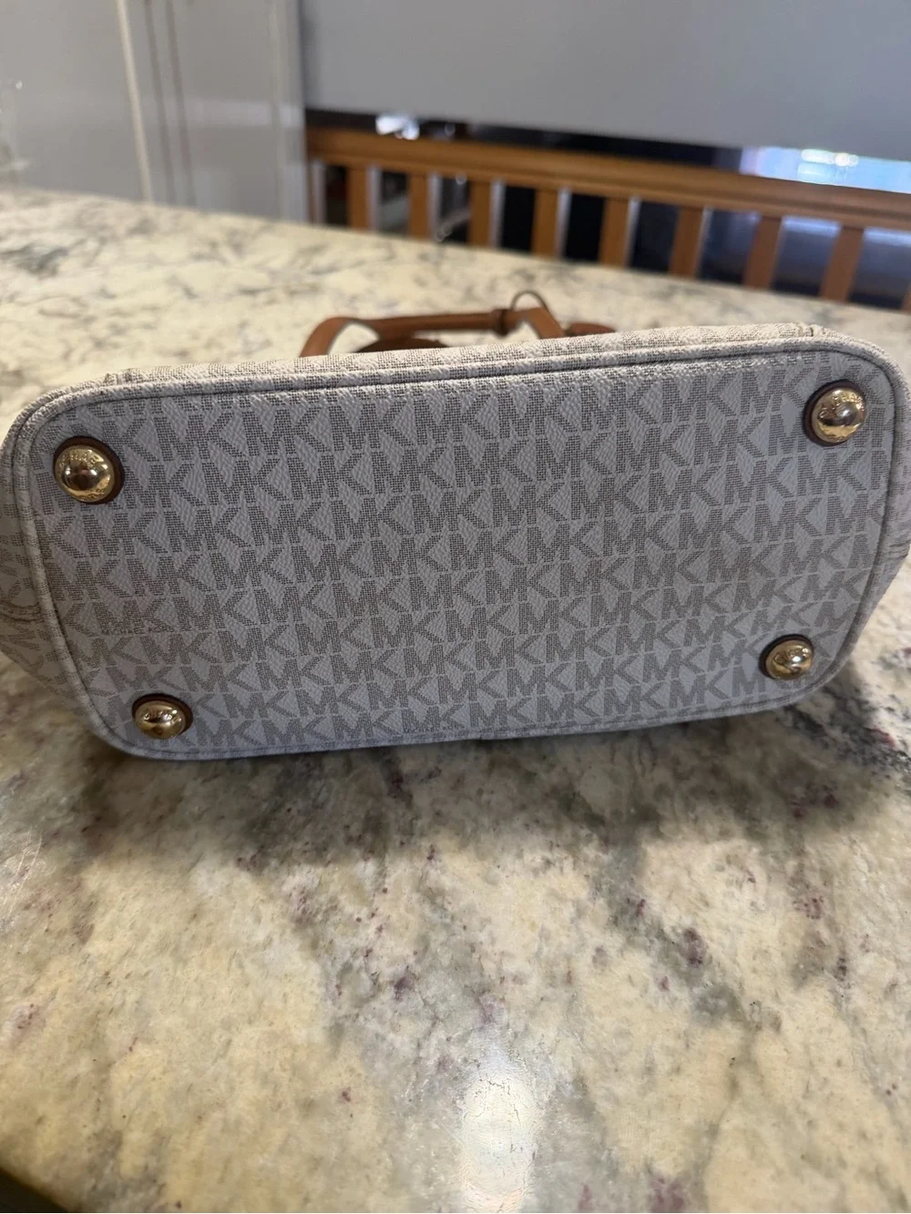 Michael Kors Jet Set Travel White Signature MK Tote with Brown Leather Trim